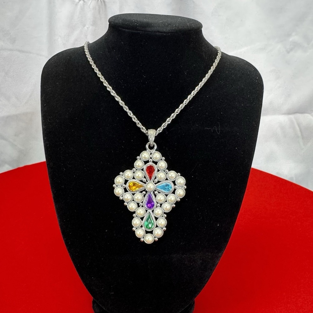 Vintage Silver Tone Faux Pearl & Multi-colored Stones Large Cross Necklace